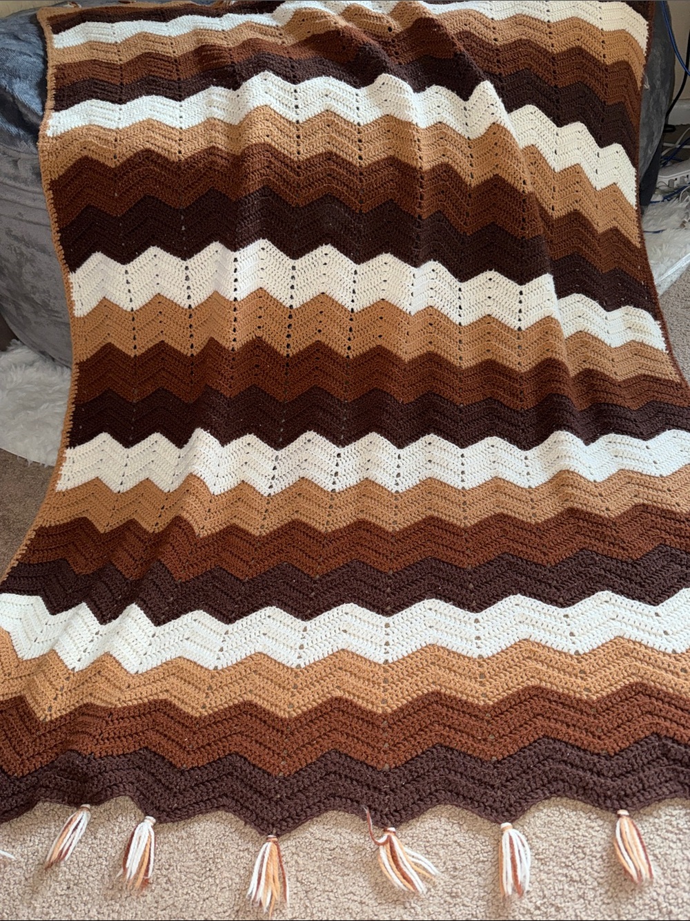 Hand Crafted Brown, Tan & White Chevron Crochet Throw Blanket